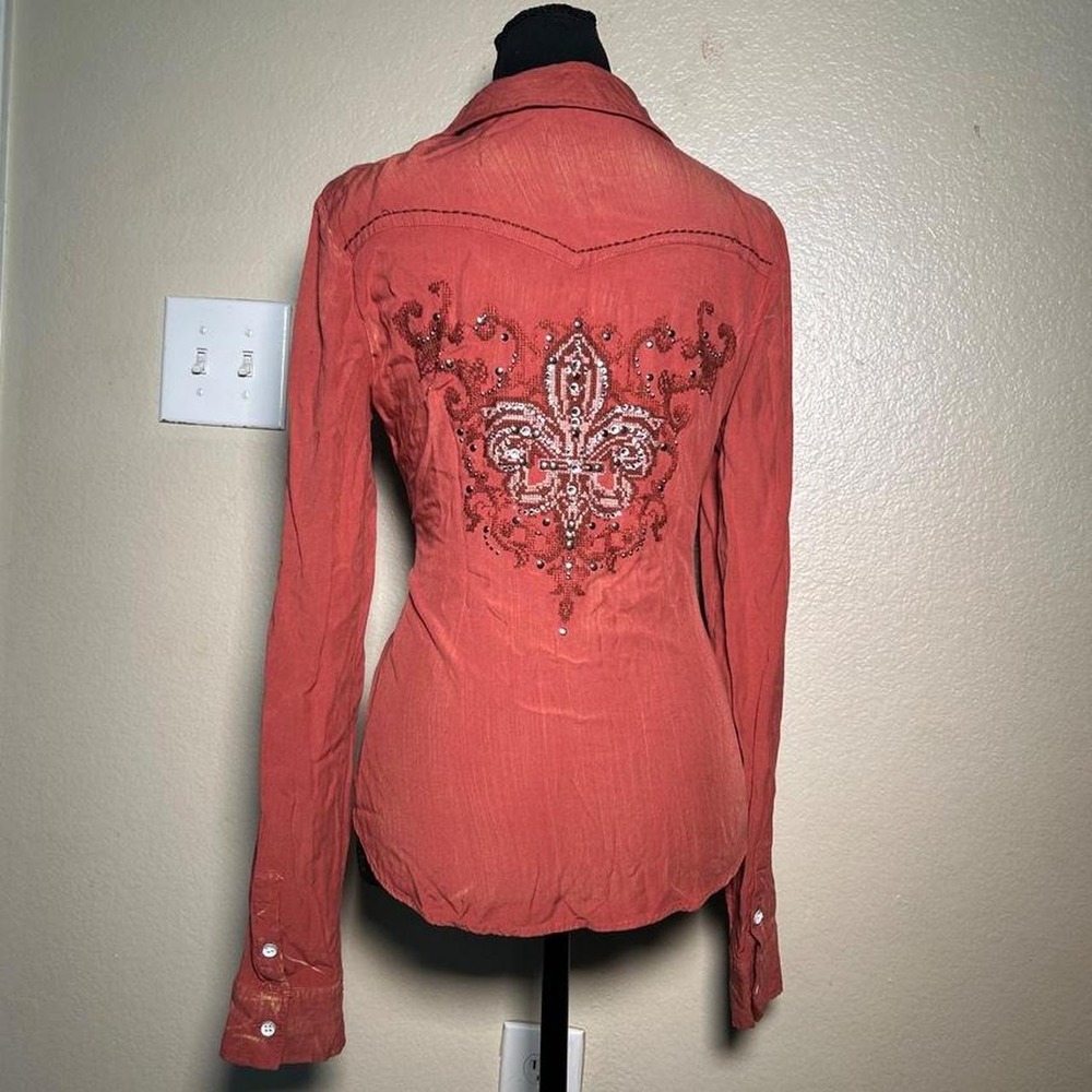 Miss Me 2000s Western Button Up Top Orange Y2K Small Fleur De Lis Studded